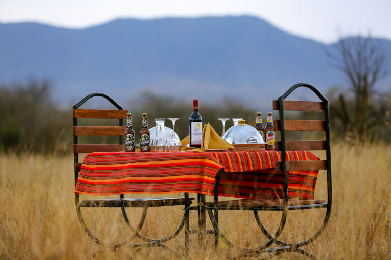 Relaxing lounge area at Serengeti Sound of Nature tented camp, with sofas, lanterns, and views of the Serengeti plains.